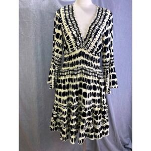 NWT Luna Llena Spain Black White Smocked Ruffle Dress 100% Viscose Boho L